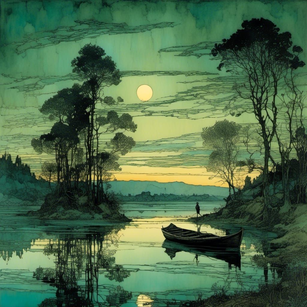 Green and Blue Sunset Lake Scene