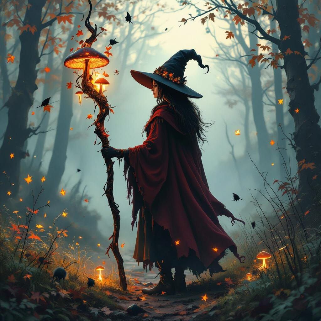 Witch in Autumn Forest with Glowing Staff