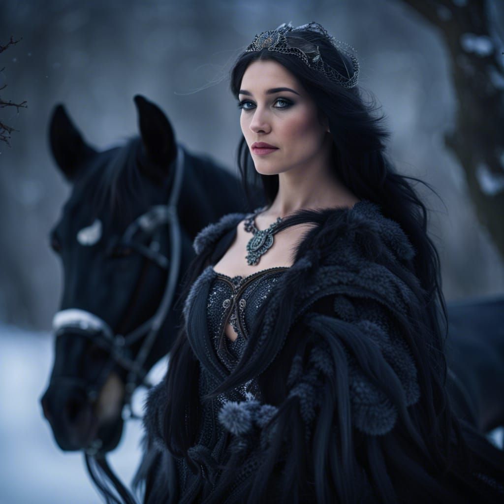 Goddess Morrighan with Raven and Horse in Moonlight