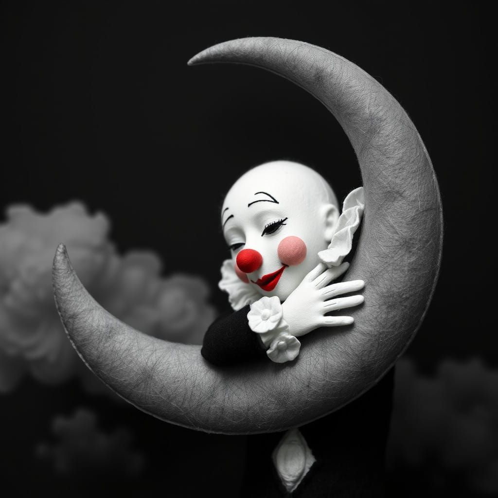 Enigmatic Clown Adores Crescent Moon