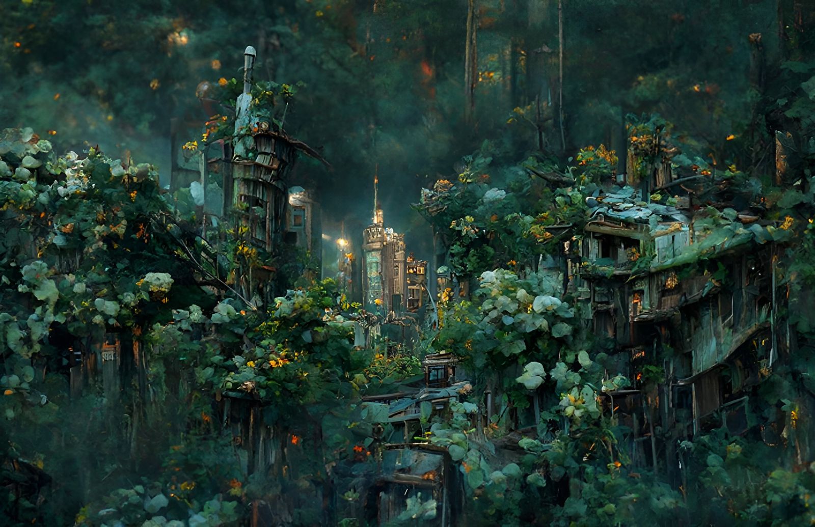 Serene Overgrown Post-Apocalyptic City at Sunset