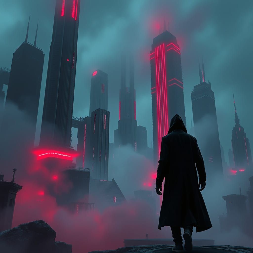 Cyberpunk Figure Approaches Industrial Metropolis in Gothic...