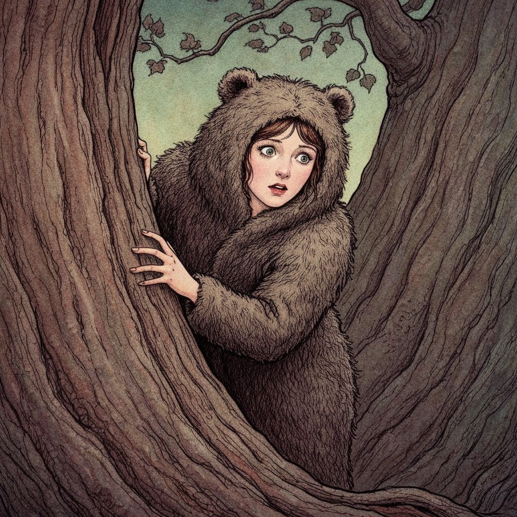 Woman Hiding in Bearskin in Enchanted Forest
