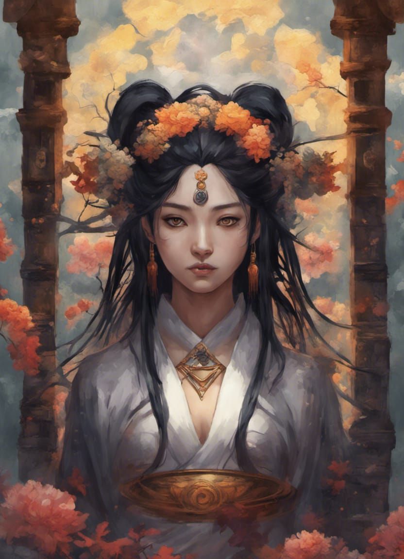 Young Shinto Priestess Beside Shrine in Detailed Painting