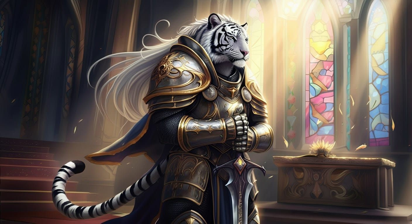 Cyberpunk Paladin in Stained Glass Temple