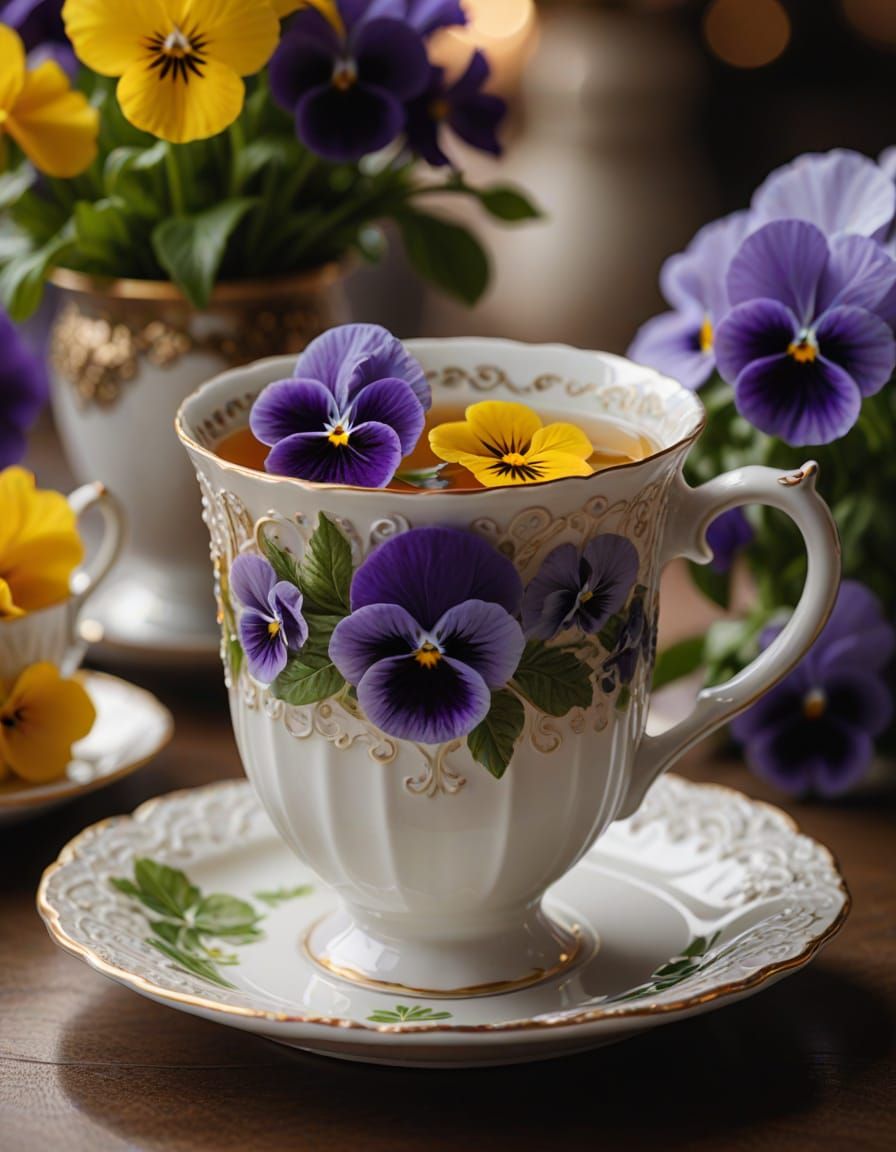 Ethereal Rococo Porcelain Cup of Tea with Pansies in Soft Fo...