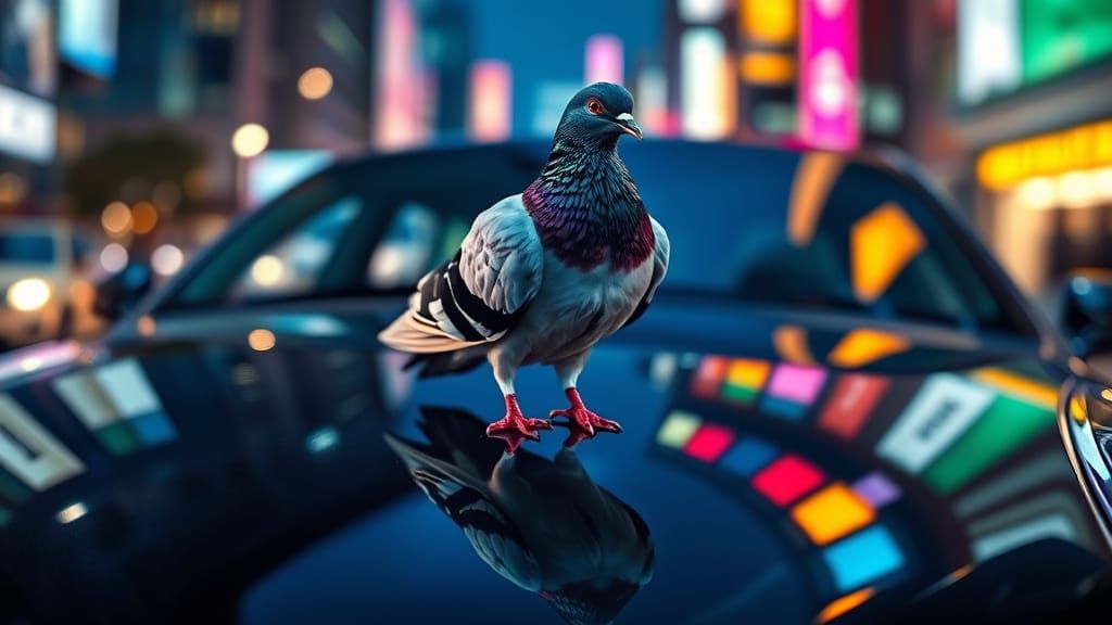 Pigeon on Shiny Car Hood Reflecting City Lights
