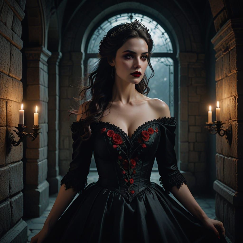 Gothic Vampire Princess in Moonlit Castle Corridor