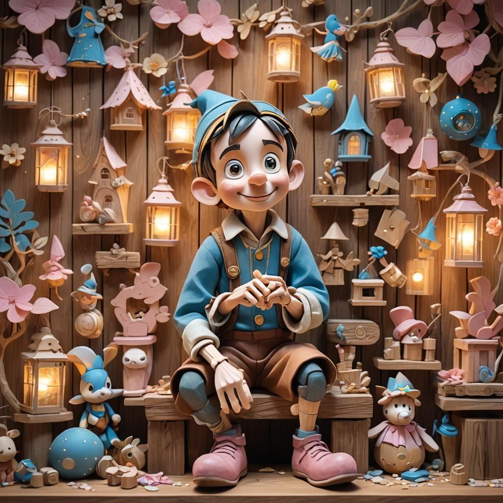 Create a magical scene from 'The Story of Pinocchio,' set in...