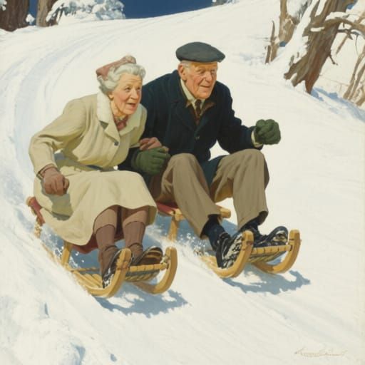 Elderly Couple Sledding, Norman Rockwell Style