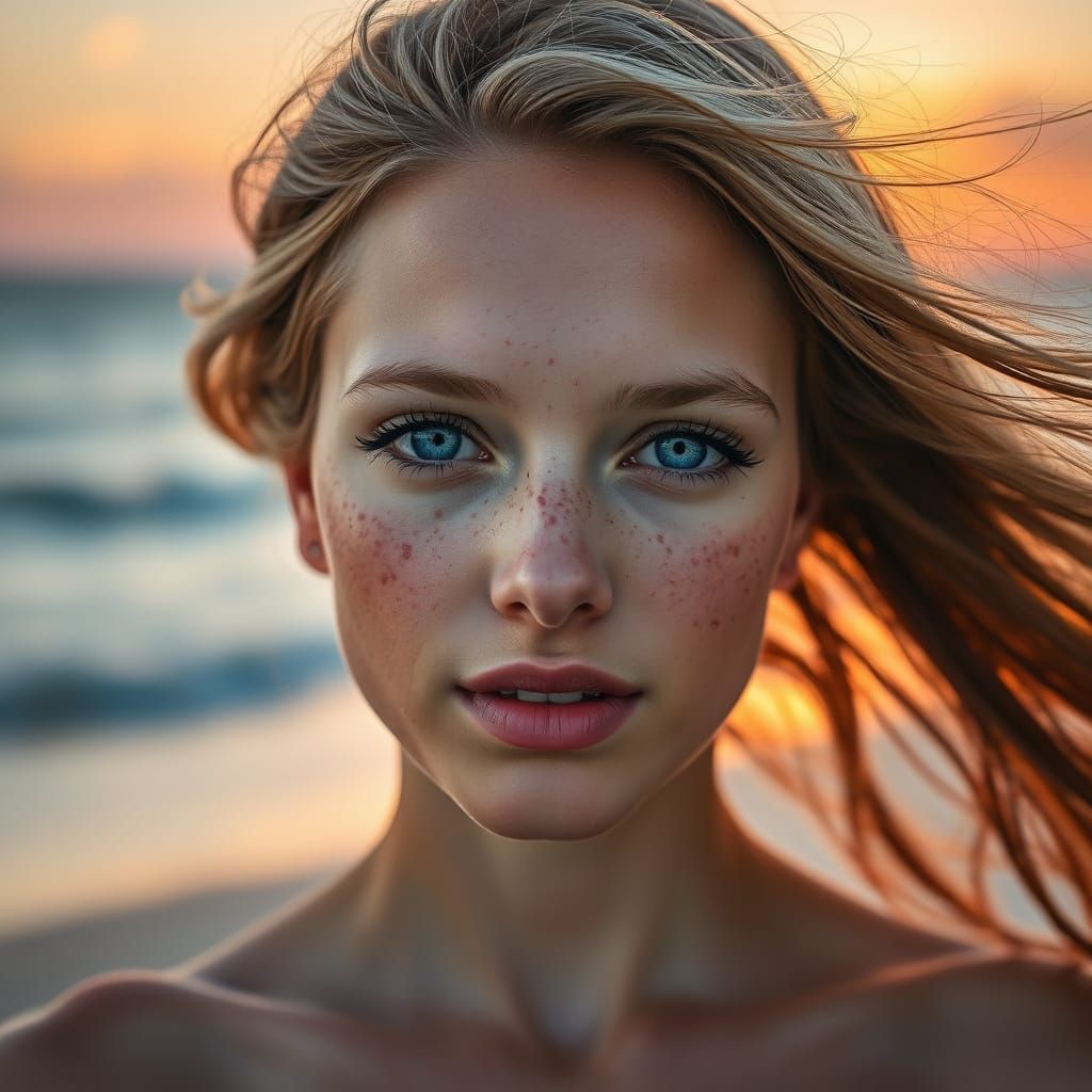 Beautiful Woman with Freckles at Sunset, Ultra-Realistic