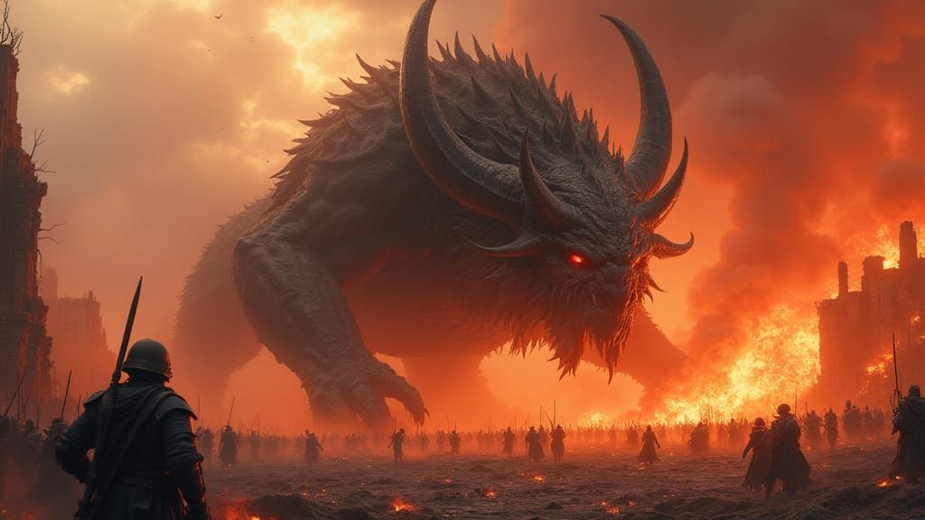 Surreal Warbeast Rampages through Smoldering Battlefield