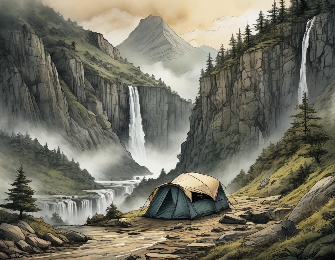 Mountain Tent: Watercolor Sketch with Pen Contours