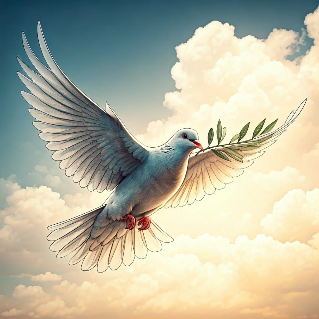 Majestic Dove in Flight with Olive Branch, Hyperdetailed Unr...