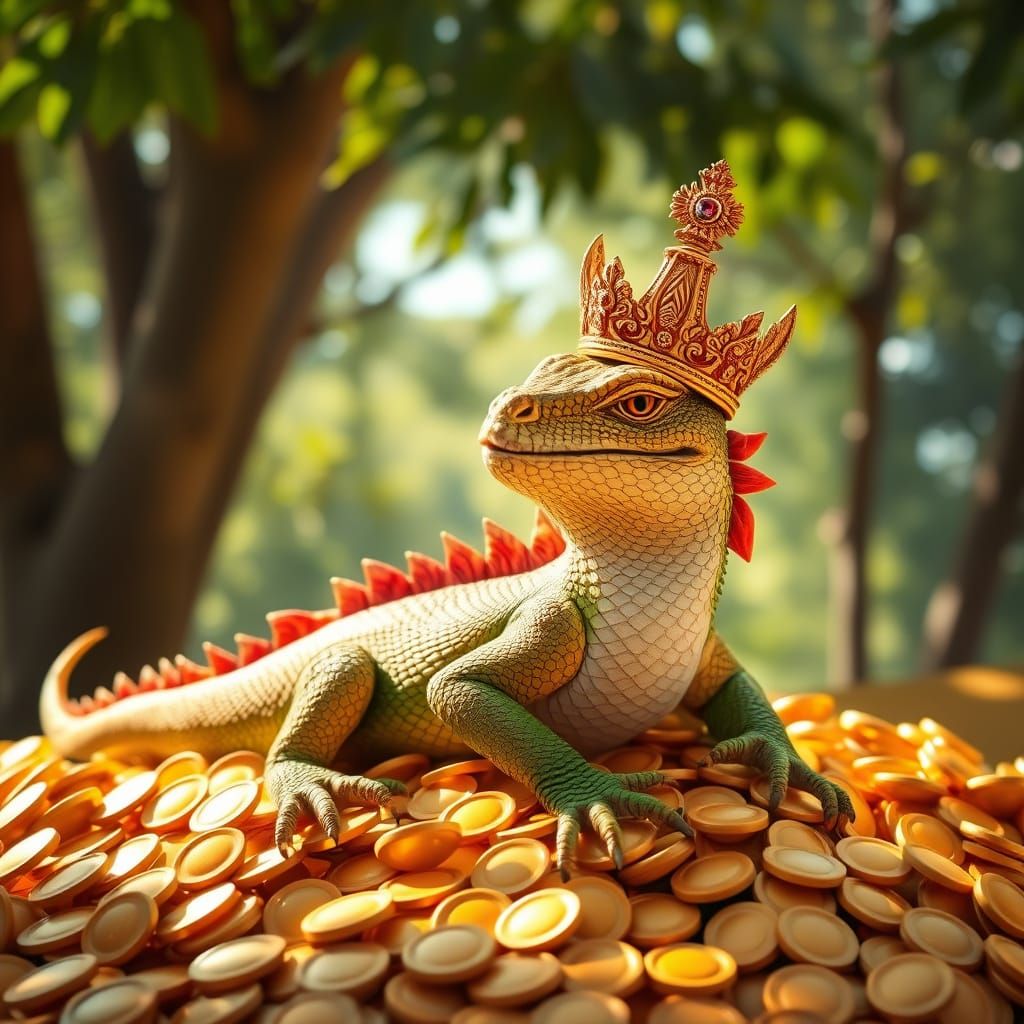 Lizard Dragon Lounging on Gold Coins in Indonesian Folk Art