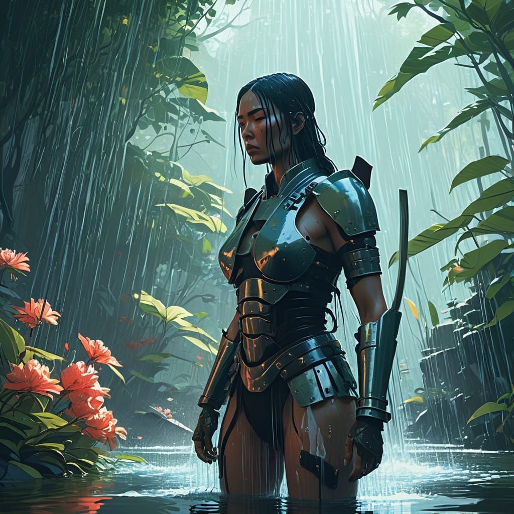 Warrior Woman Refreshed in Exotic Garden Oasis