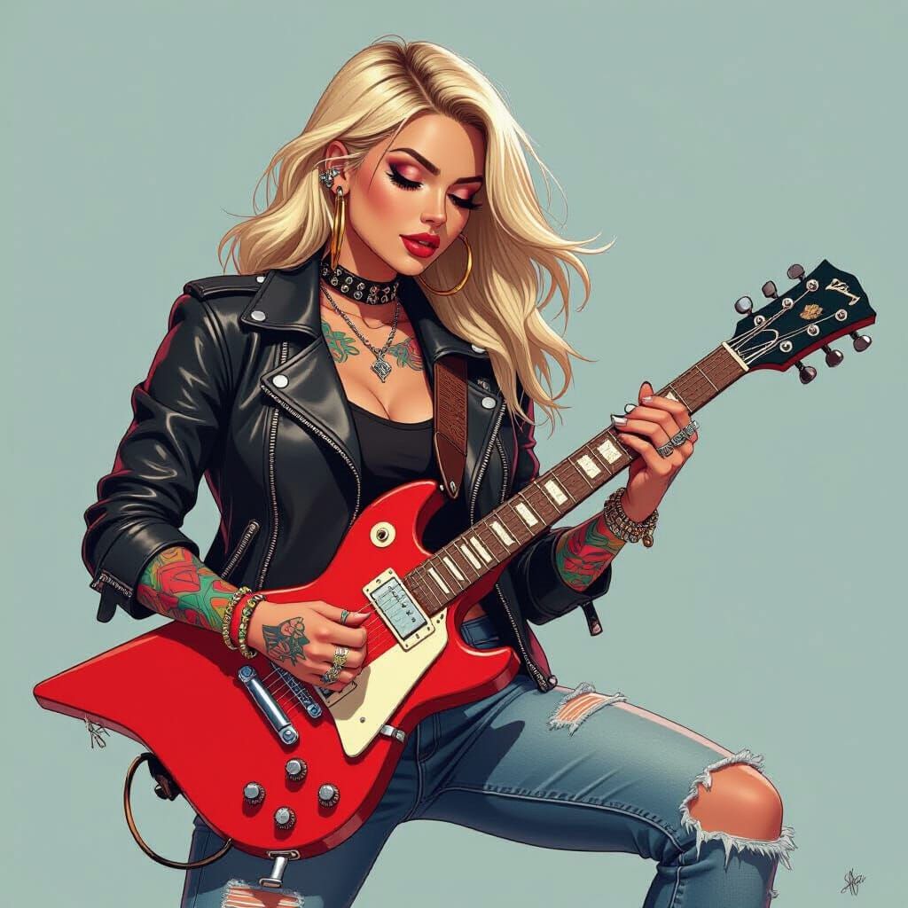 Woman with Axe Guitar in Bold Digital Art Style