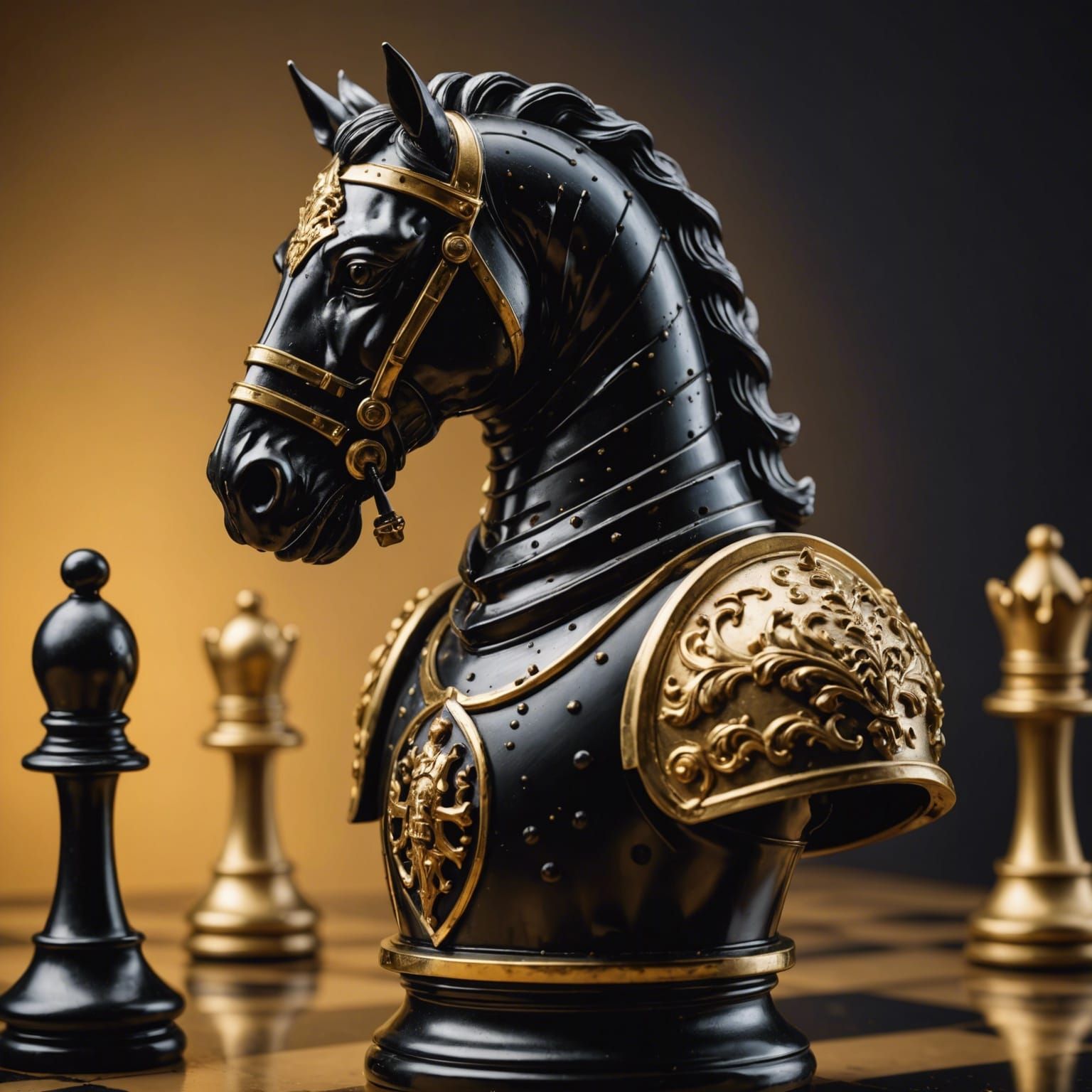 Black and Gold Knight Chess Piece in Hyperrealism