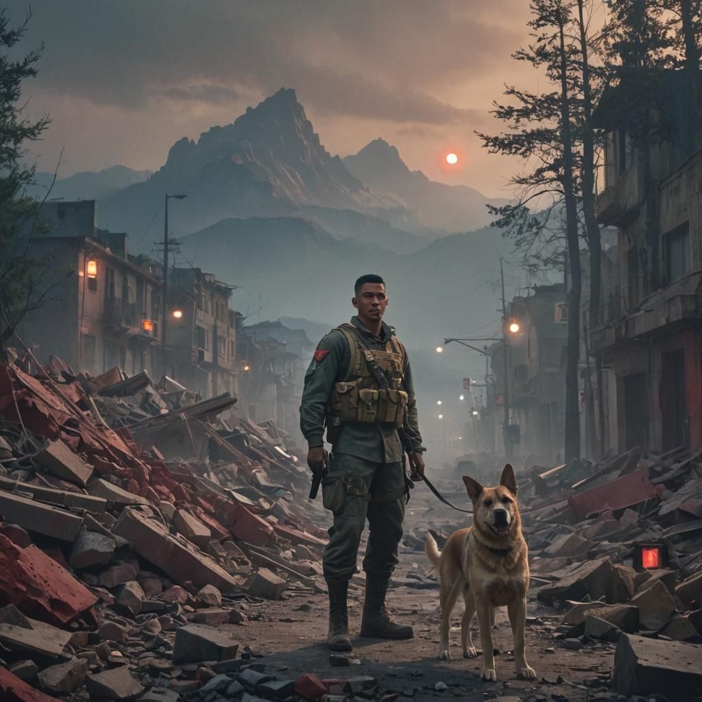 Soldier and Dog in Fog-Shrouded Cityscape