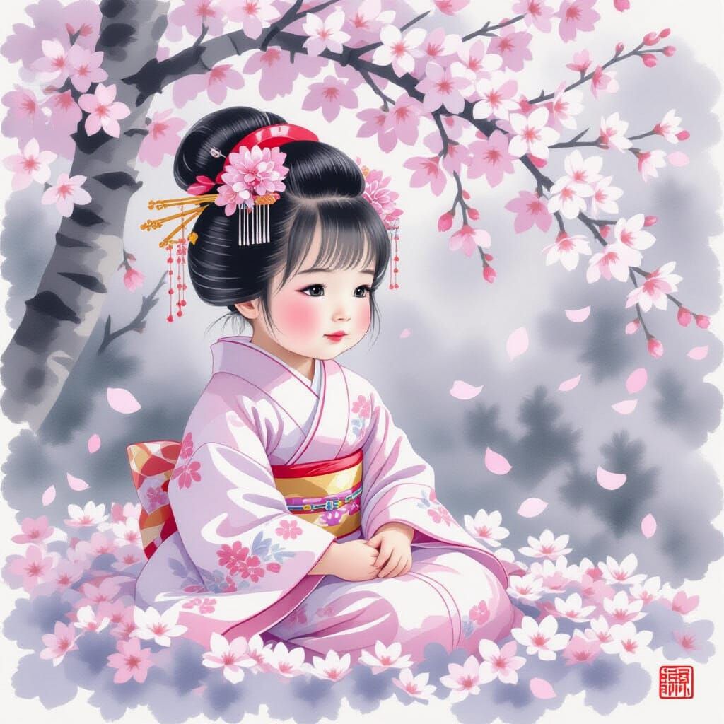 Japanese Toddler in Watercolor with Cherry Blossoms