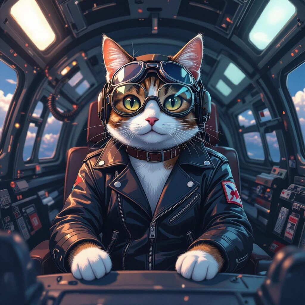 Cat Pilot in Vintage Plane, Anime Style