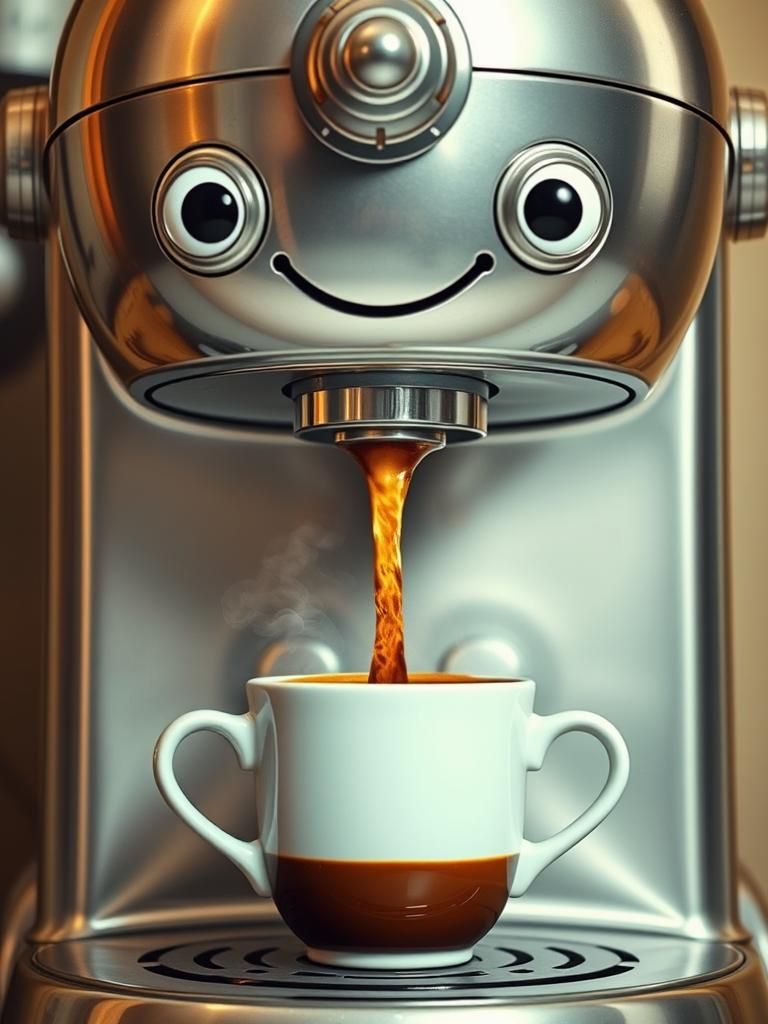 Vintage Coffee Maker with Googly Eyes in Surreal Style