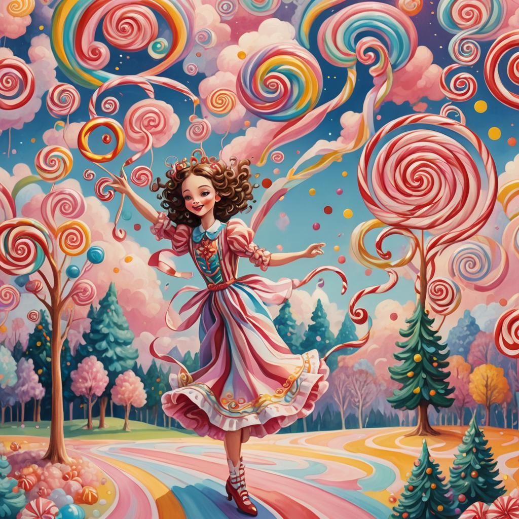 Joyful Dance in a Whimsical Candyland Gouache