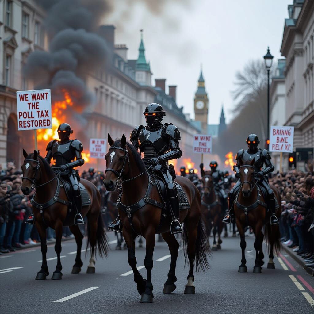 London Riot with Robot Police Demanding Poll Tax