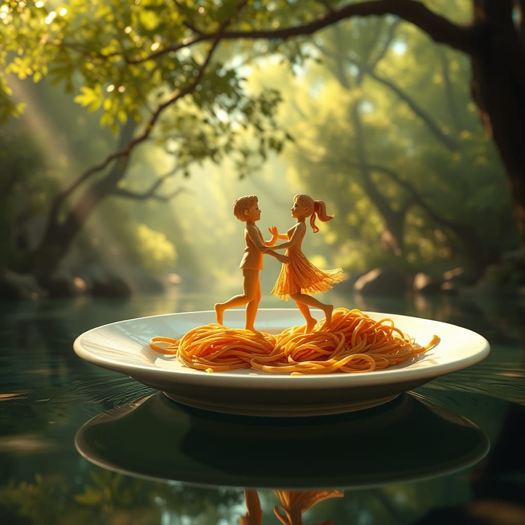 Noodle Children Dancing in Forest: Matte Painting