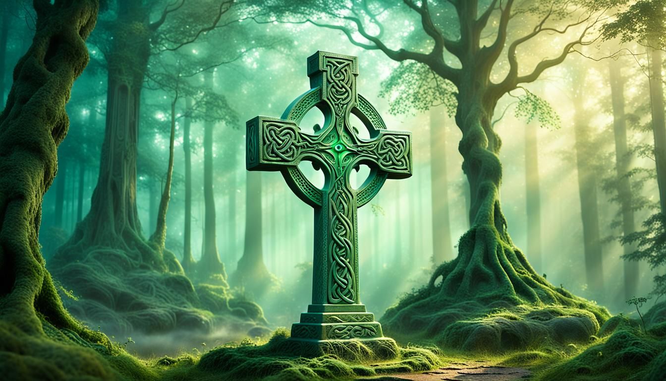 Celtic Cross in Misty Forest, Kinkade Style