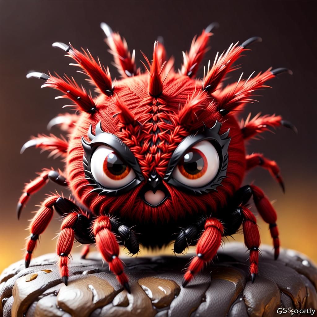 Cute Knitted Red Spider with Wool Fur and Mohawk