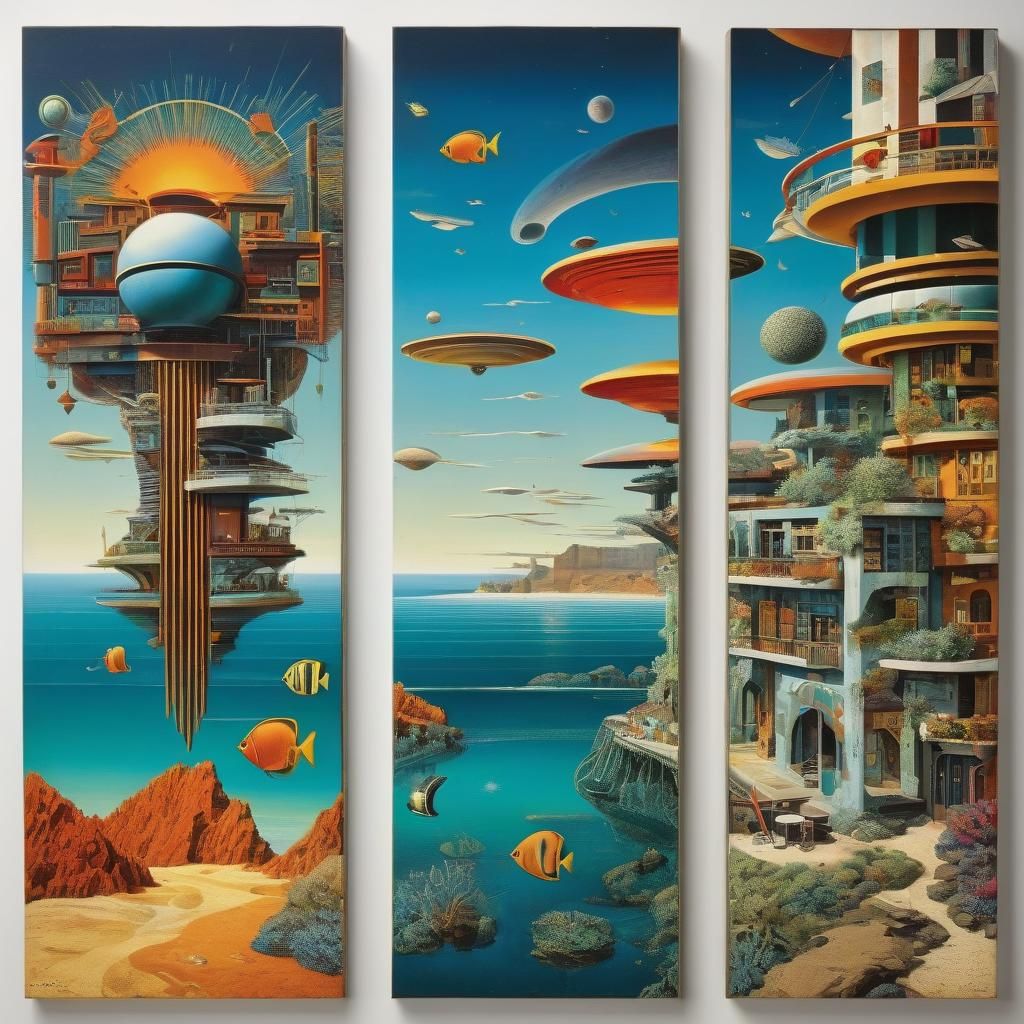 Retrofuturistic Beachcomber Triptych in Bauhaus Style