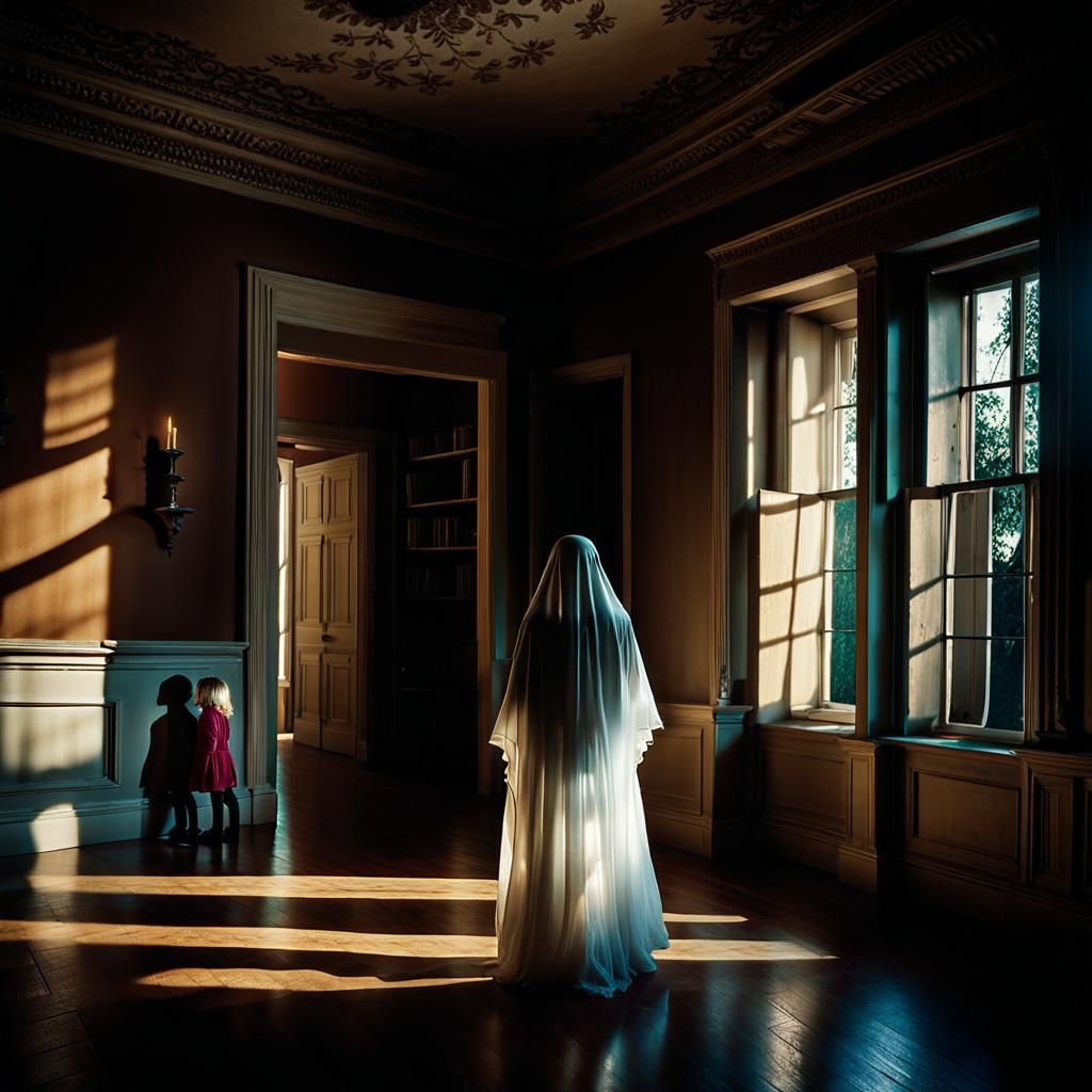 Ethereal Ghost Watches Children Play: Hyperrealistic Portrai...