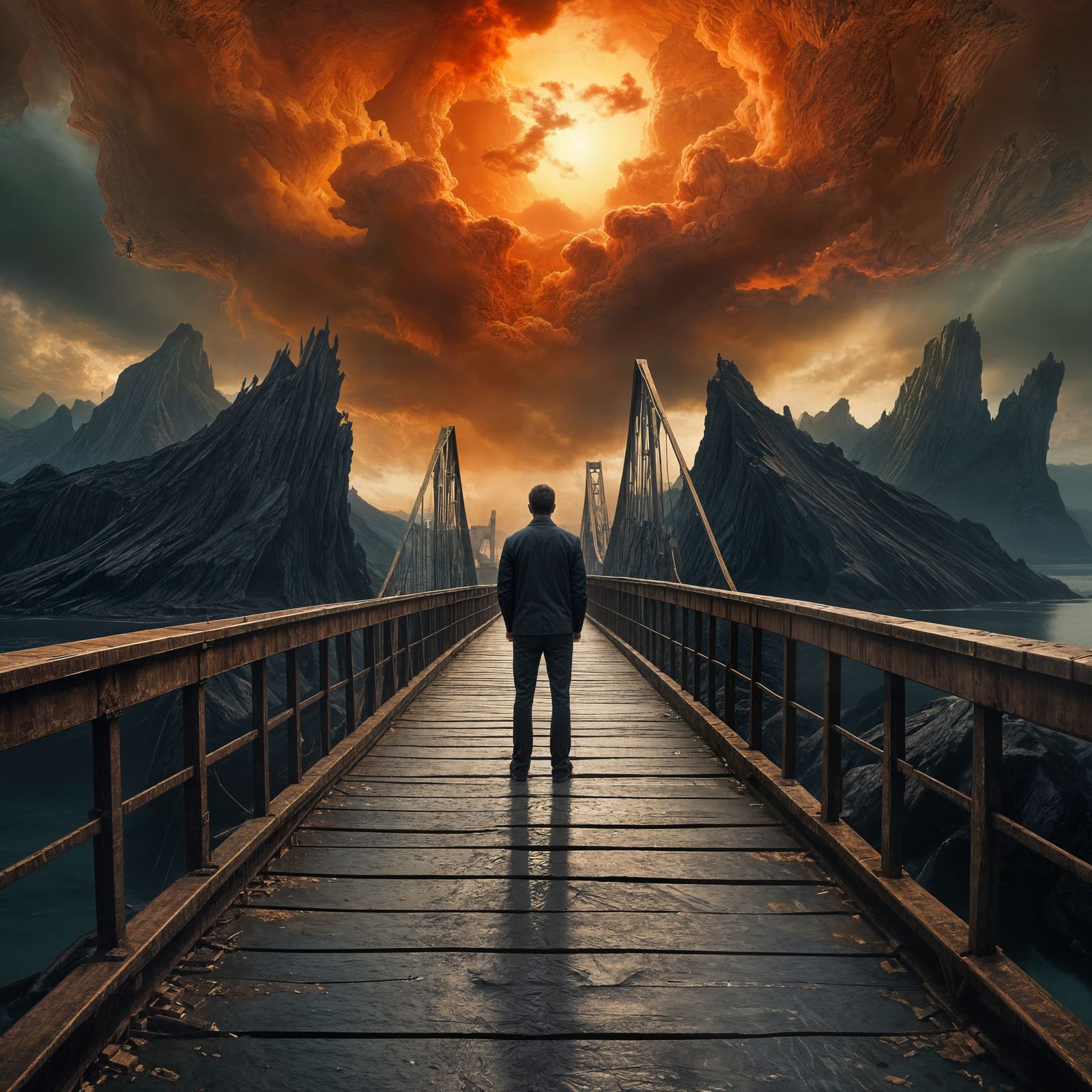 Man on Bridge Amidst Dark, Abstract Landscape