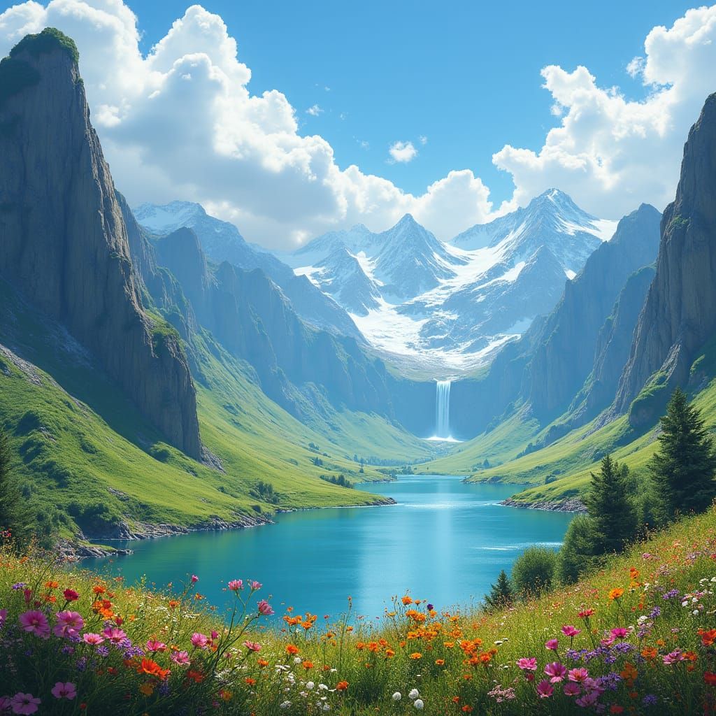 Vast Valley Landscape with Lake and Mountains