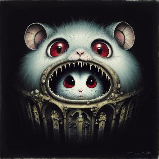 Surreal Fuzzy Creature in Gothic House