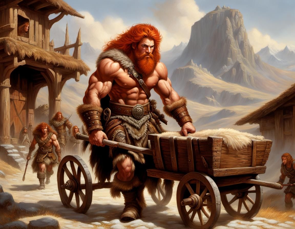 Fantasy Barbarian Lifts Handcart in Medieval Scene
