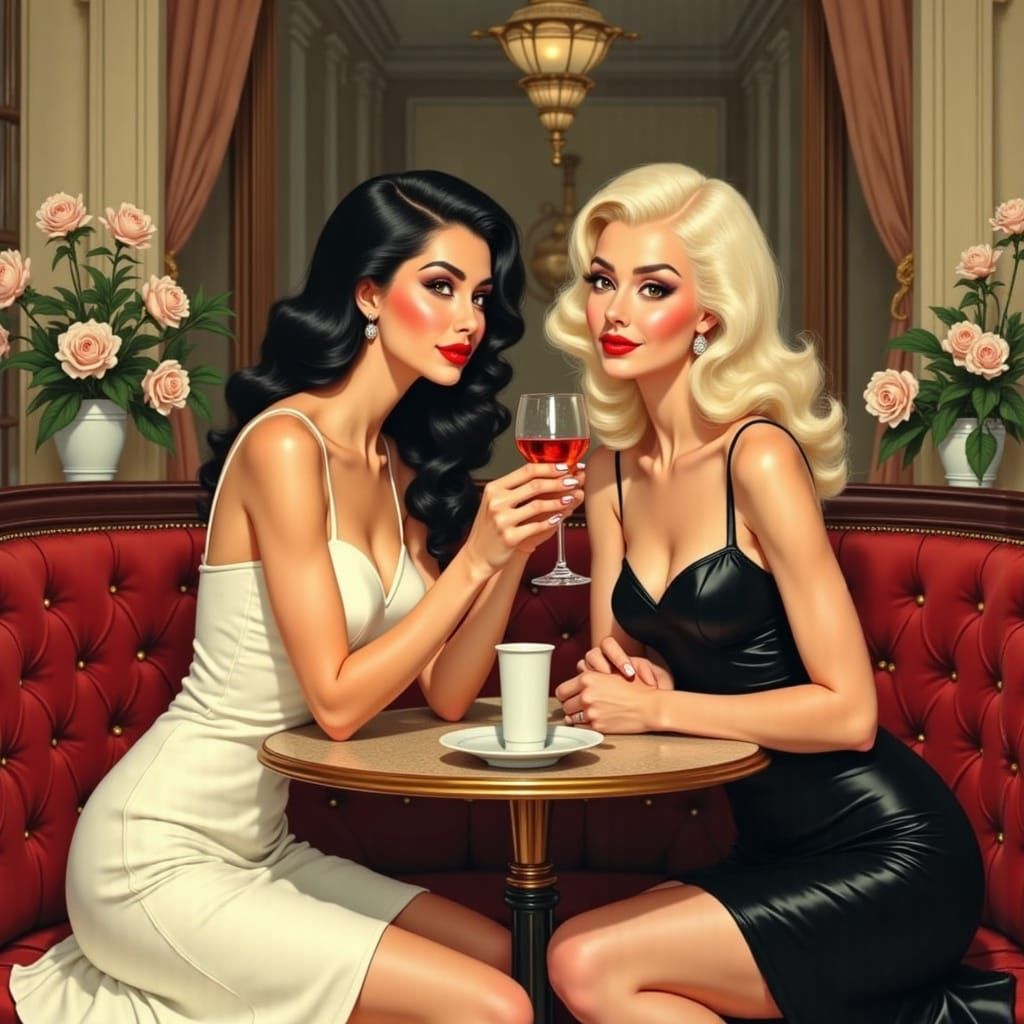 Two Women in Red Makeup on a Black and White Date Night