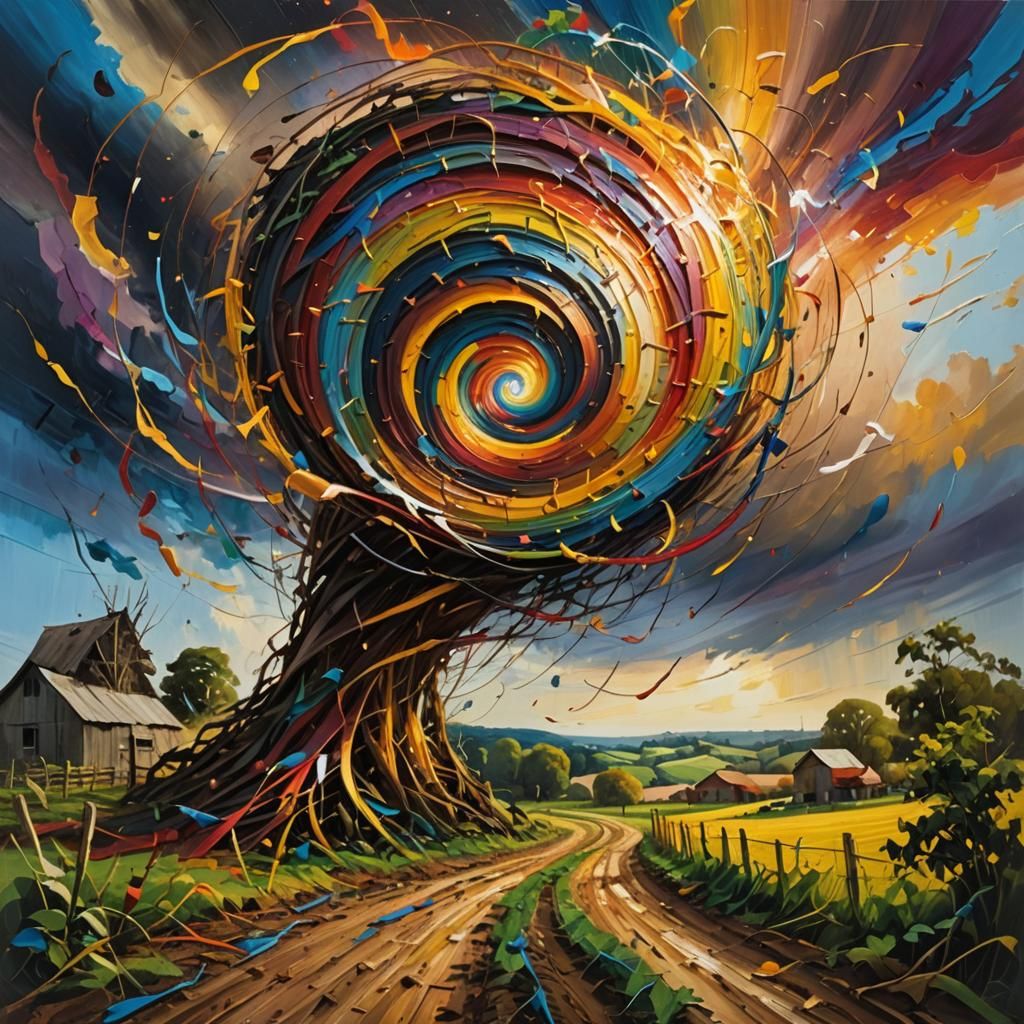Colorful String Tornado Wreaks Havoc: Oil Painting