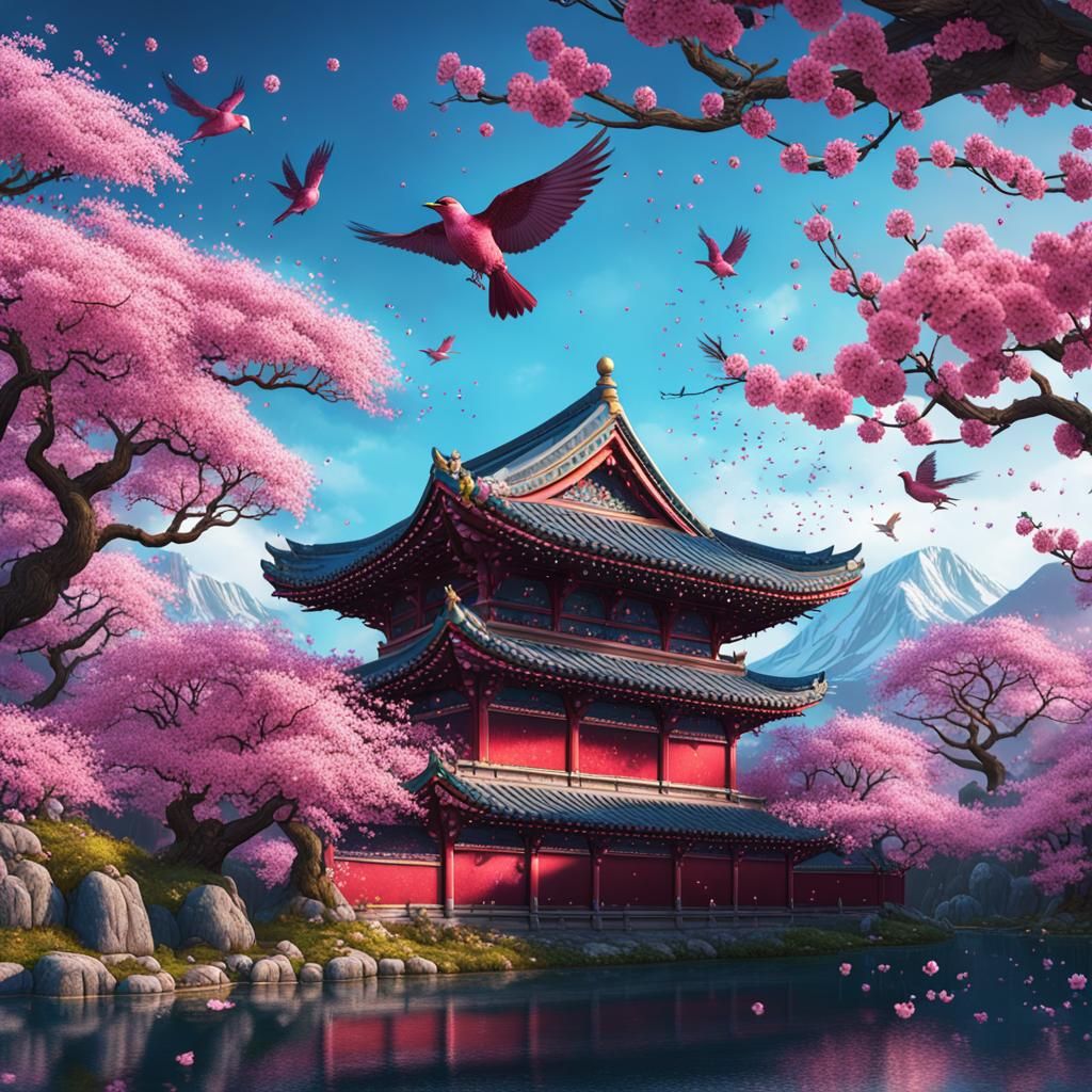 Cherry Blossoms and Birds: Fantastical Matte Painting