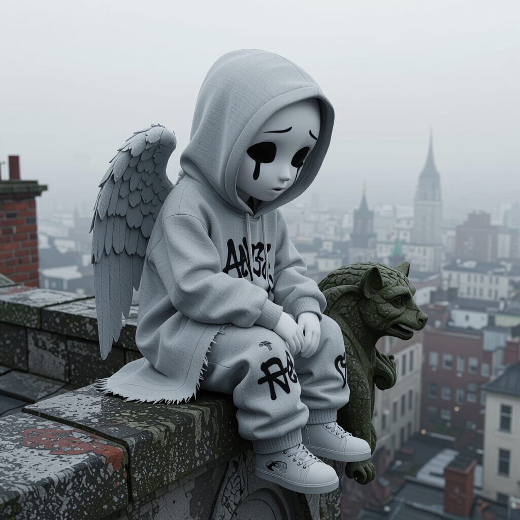 Melancholic Street Angel on Rooftop Gargoyle in 3D