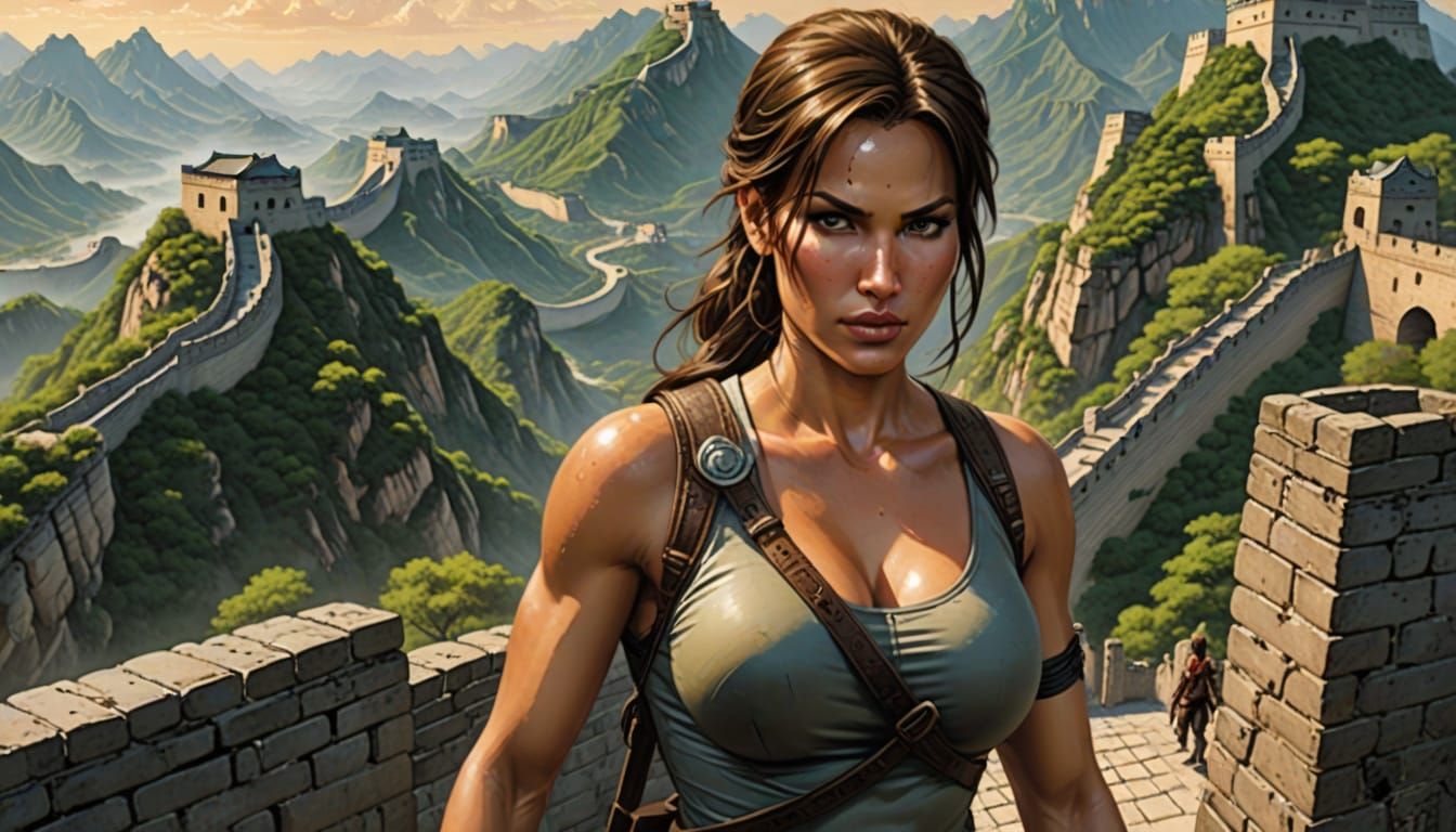 Lara Croft at Great Wall of China Comic Art