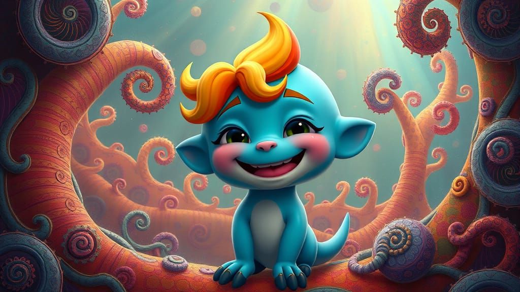 Vibrant Cartoon Character in Whimsical Fantasy Landscape