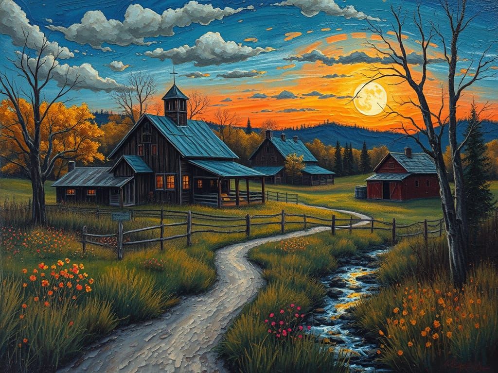 Encaustic Farmhouse Scene with Moonlit Cider