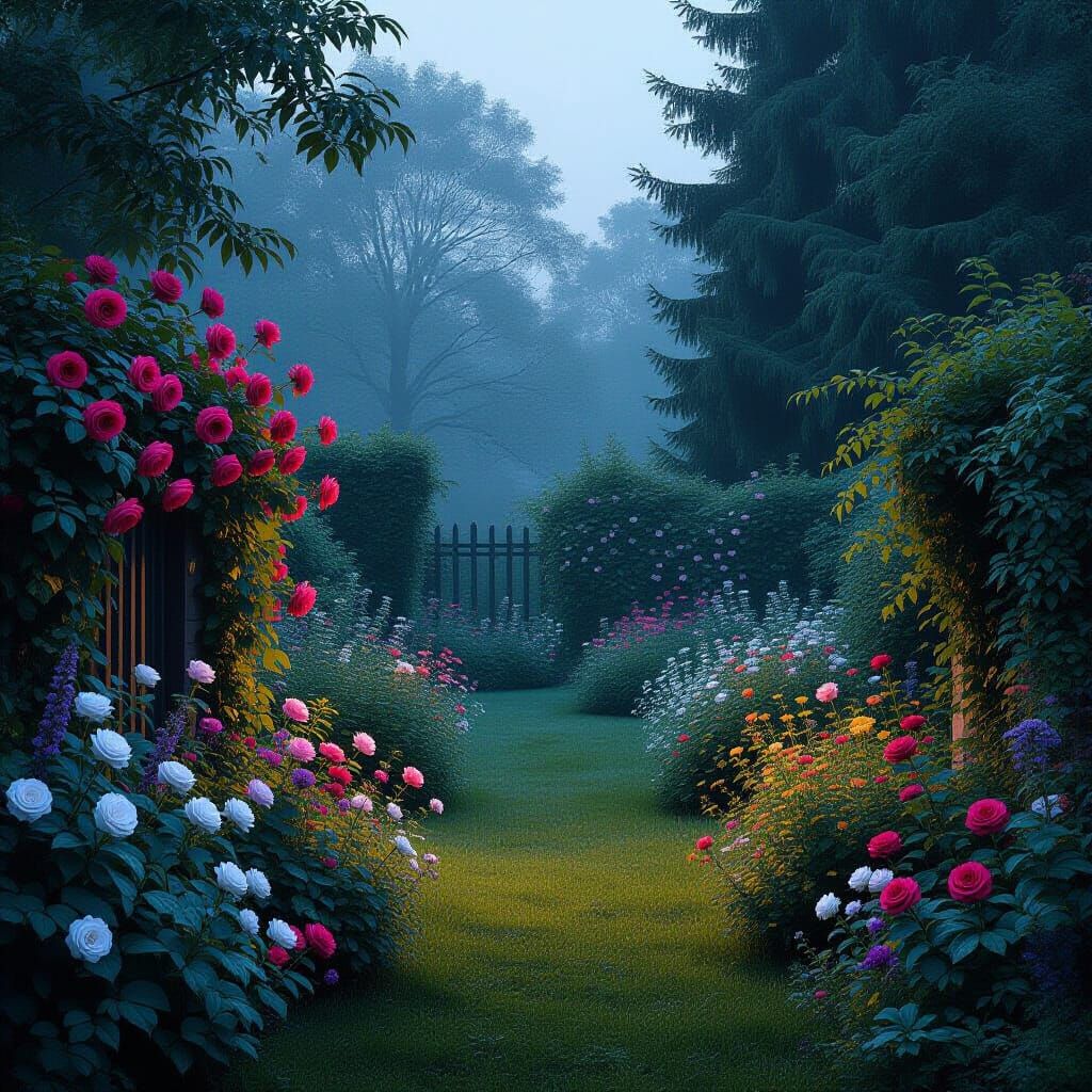 Misty English Secret Garden with Roses