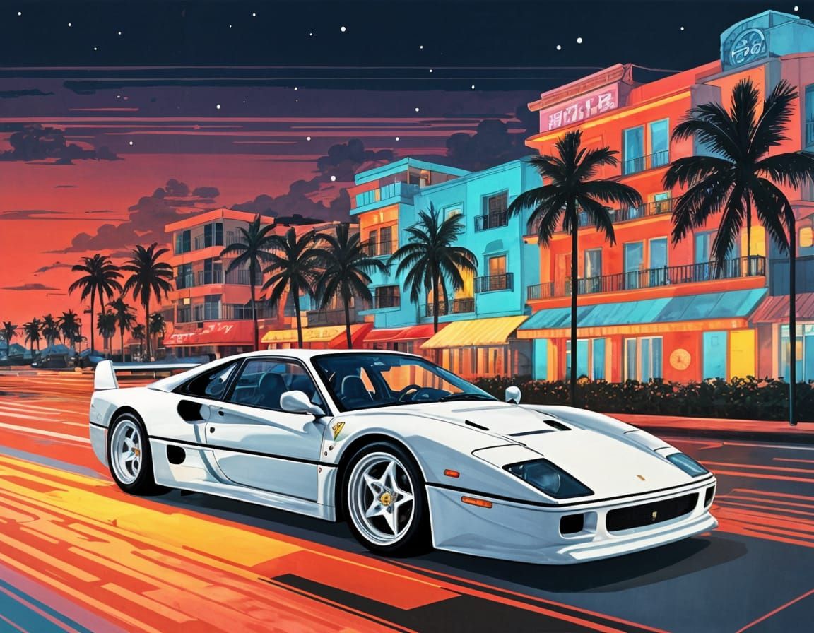 Ferrari F40 on Ocean Drive in 80s Anime Style