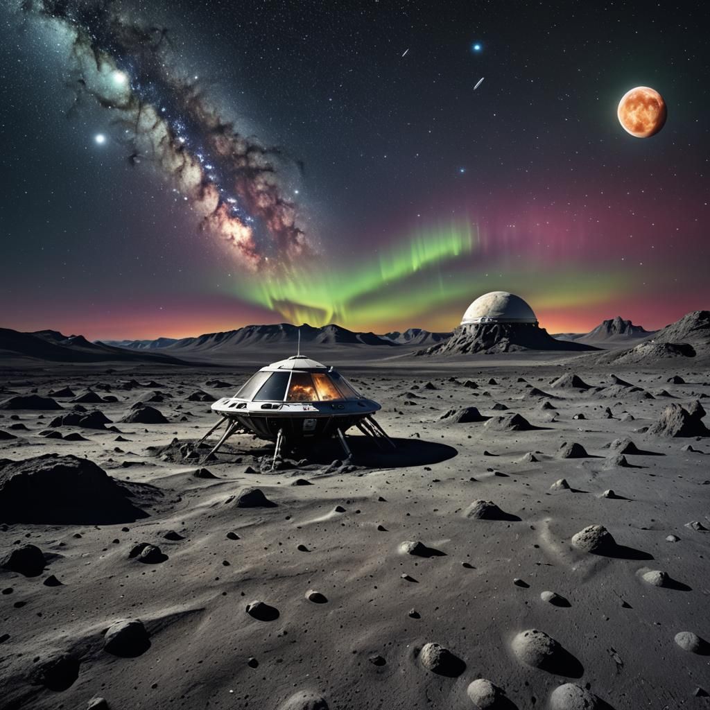 Hyperrealistic Alien Spaceship on Moon with Northern Lights