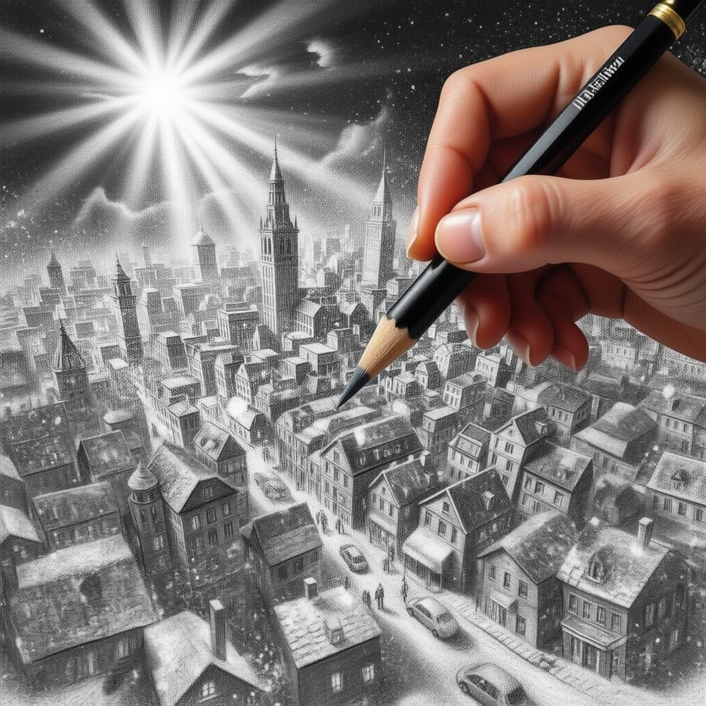 Hyperrealistic Escher-Inspired Townscape Drawing
