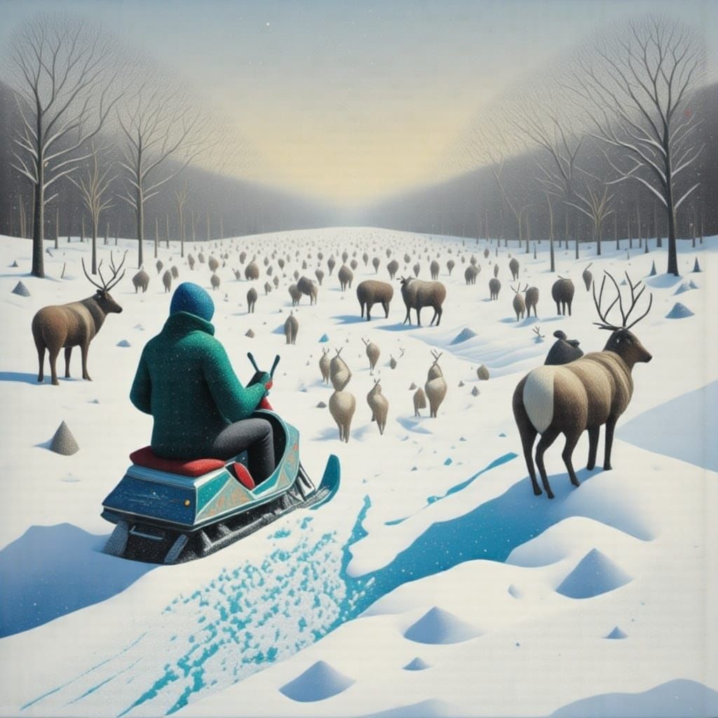 Sami Hunter and Reindeer in Snowy Landscape, Watercolor Styl...