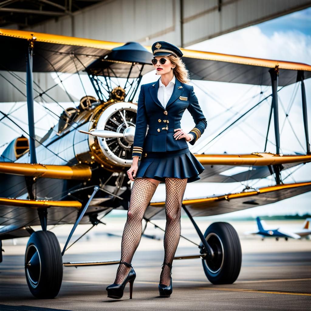 Female pilot, fishnet stockings, mini-skirt and heels